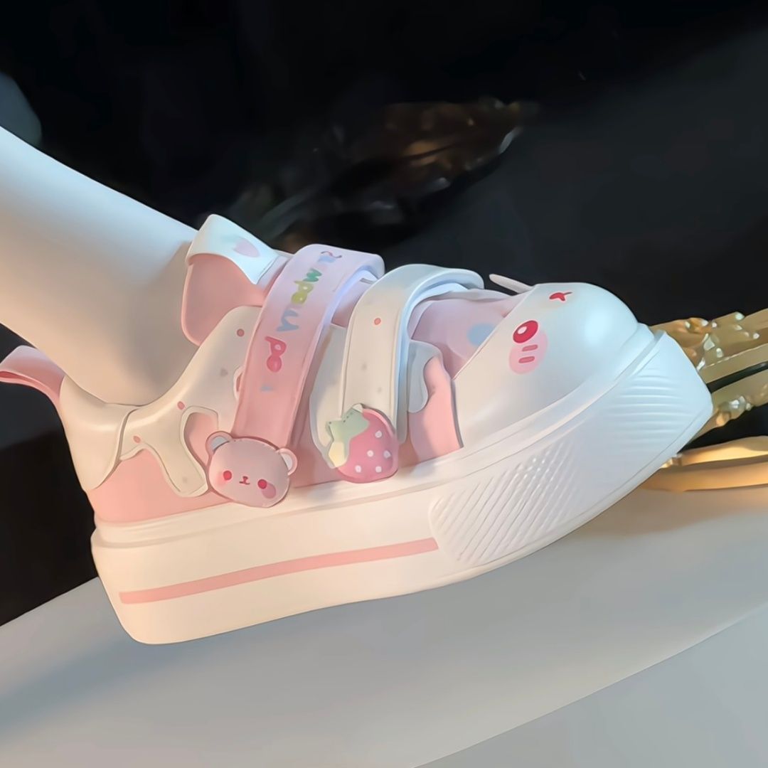 Women Shoes Store - 2026年秋新作 可愛いイチゴ柄ベアロリータキャンバスシューズ レディース 厚底 ビッグトゥ ブレッドシューズ