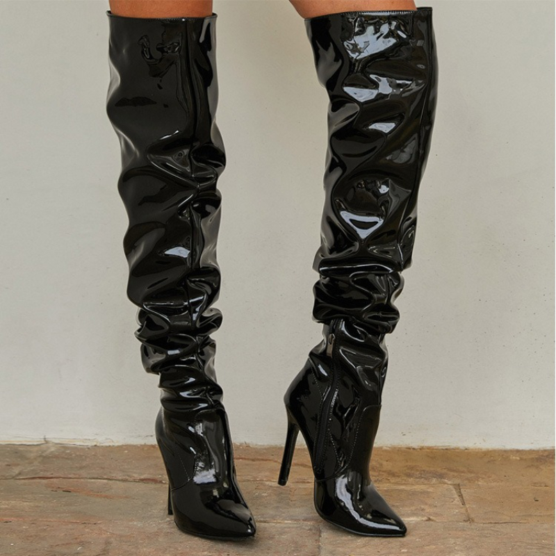 Patent Leather Pump - レディースニーハイブーツ シャイニー プリーツ ハイヒール サイドジップ ポインテッドトゥ