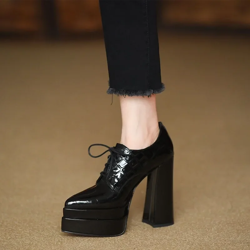 Patent Leather Pump - ポインテッドトゥストラップハイヒールレディース2025春新作パテントレザー超ハイヒールプラットフォーム深口シングルシューズ
