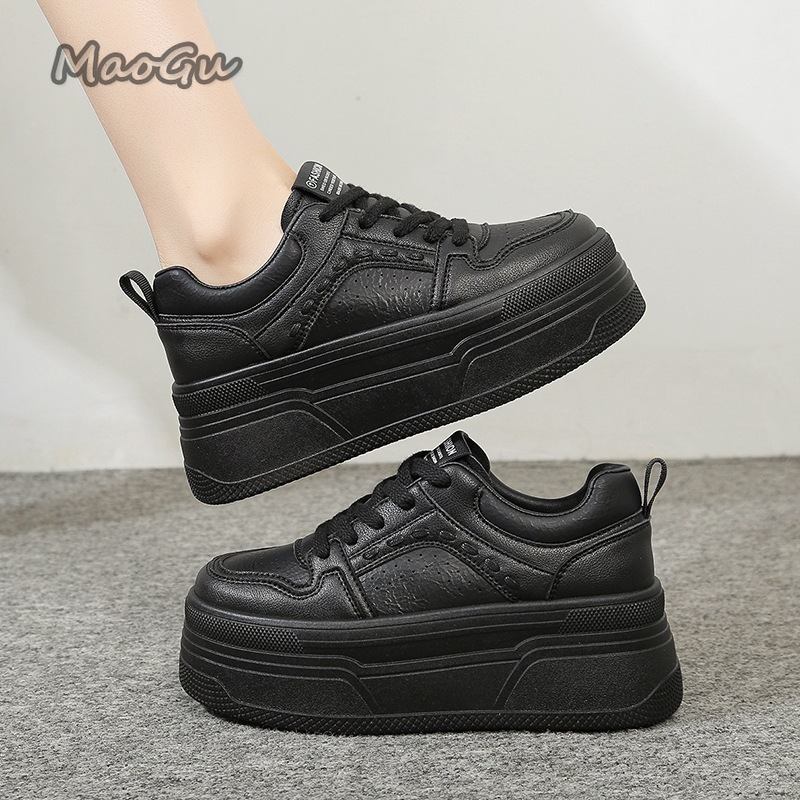 Women Shoes Store - 身長を伸ばすプラットフォーム ホワイトスニーカー 女性用 レースアップ 厚底 カジュアルシューズ