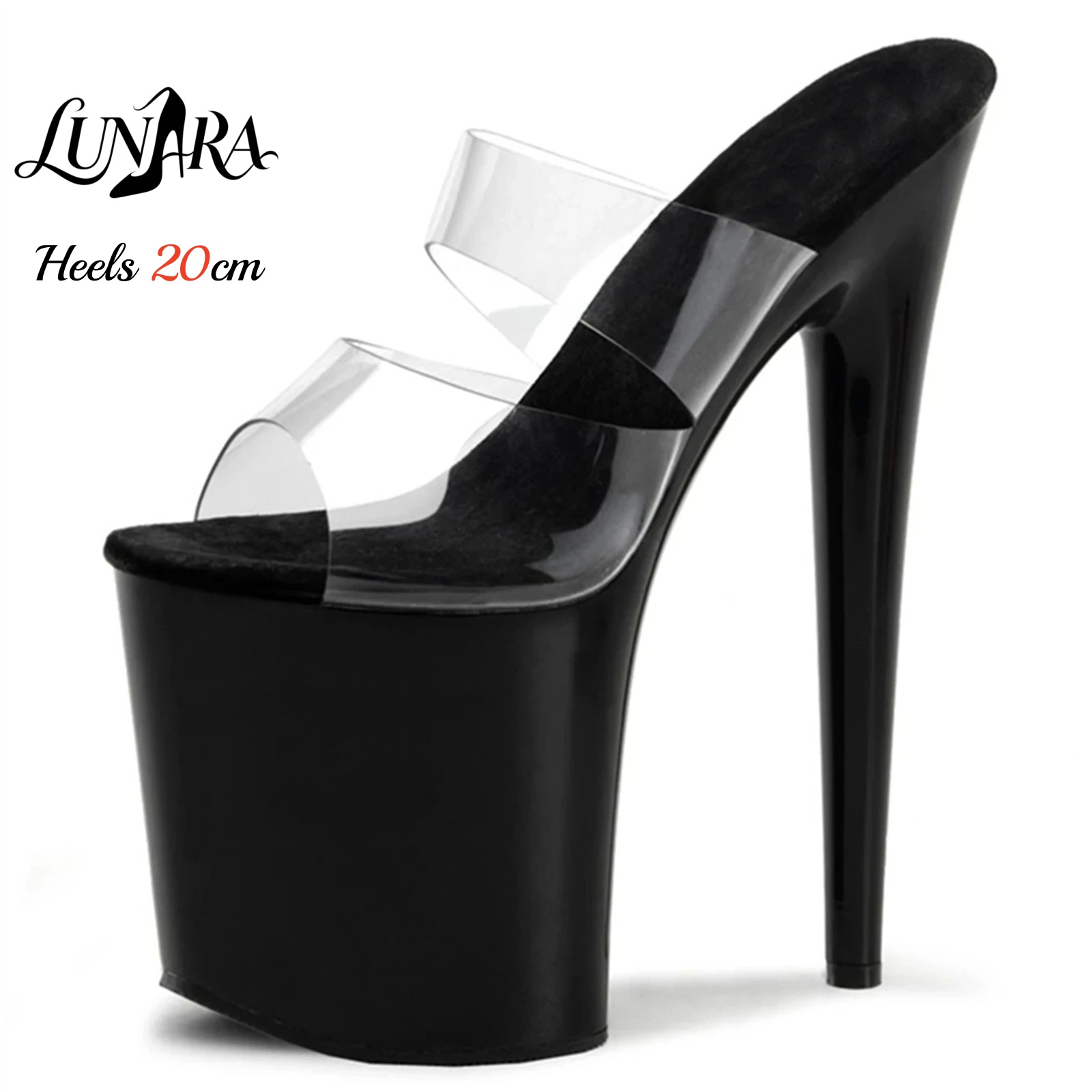 Strappy Heeled Sandals - 20 センチメートルクリア PVC ストラップ付き超高プラットフォームハイヒールスライドサンダルオープントゥセクシーなナイトクラブ滑走路パーティーステージパフォーマンスシューズ