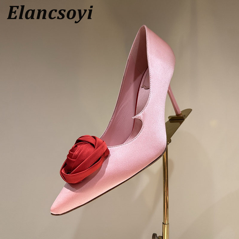 Women Shoes Logo - ローズフラワーデコレーションハイヒールレディースサテンポインテッドトゥ細ヒールシングルシューズノーロゴパンプス春秋セクシー宴会ドレスシューズ
