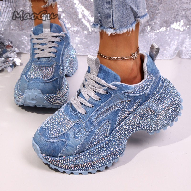 Women Shoes Store - ファッションラインストーン女性のチャンキースニーカー厚底レースアップカジュアルシューズ高級デニムプラットフォーム加硫靴女性のための 35-42