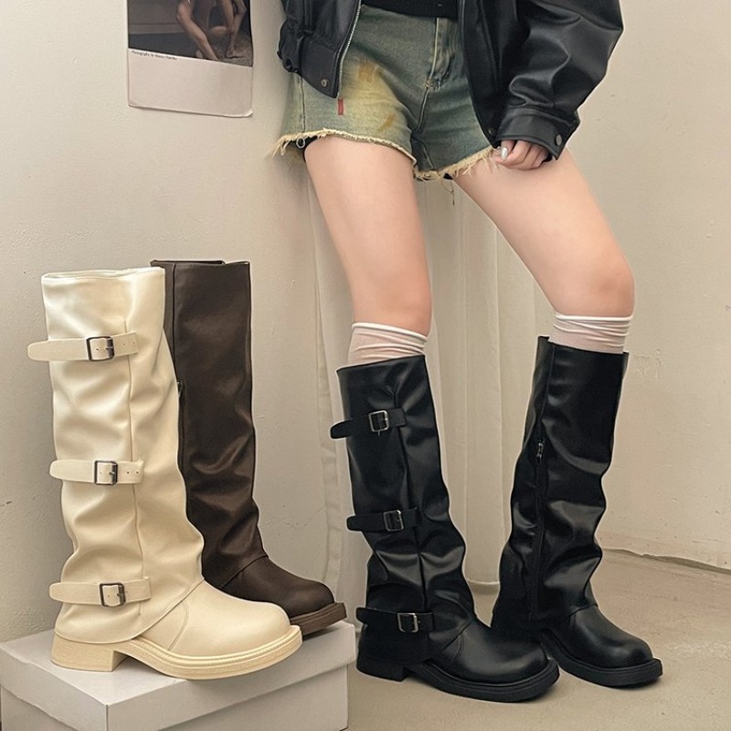 Suede Ankle Boot - プリーツバックル付きレディースナイトブーツ 秋用ブラウンPUレザー ミドル丈ブーツ スリップオン 厚底ヒール ライディングブーツ