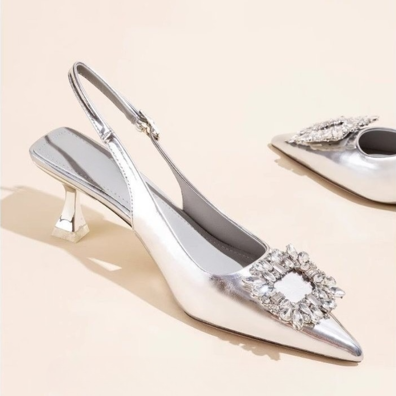 Strappy Heeled Sandals - 夏のレディースサンダル、新作レディースシューズ、ポインテッドトゥ、浅履き、ヌードピンク、ダイヤモンドシューズ、ローヒール、バックストラップ、レディースドレスシューズ