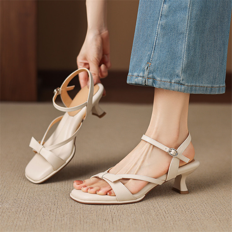 新作サマーサンダル スプリットレザー レディースシューズ ス - Strappy Heeled Sandals のレビューと価格