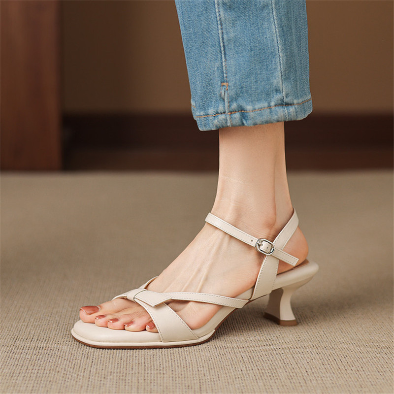 新作サマーサンダル スプリットレザー レディースシューズ ス - Strappy Heeled Sandals のレビューと価格