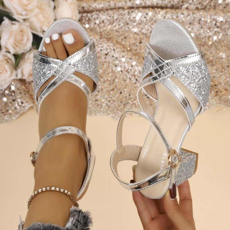 女性ブロックヒールサンダルゴールドキラキラクロスストラップア - Strappy Heeled Sandals のレビューと価格