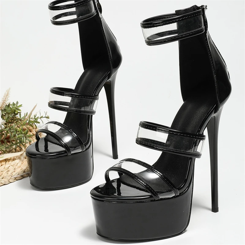 女性用ブラックパテントクリアストラッププラットフォームサンダ - Strappy Heeled Sandals のレビューと価格
